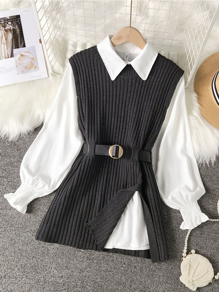 spring autumn women's lantern sleeve shirt knitted vest two piece sets of College style waistband vest two sets top UK900 6 spring autumn women's lantern sleeve shirt knitted vest two piece sets of College style waistband vest two sets top UK900 6