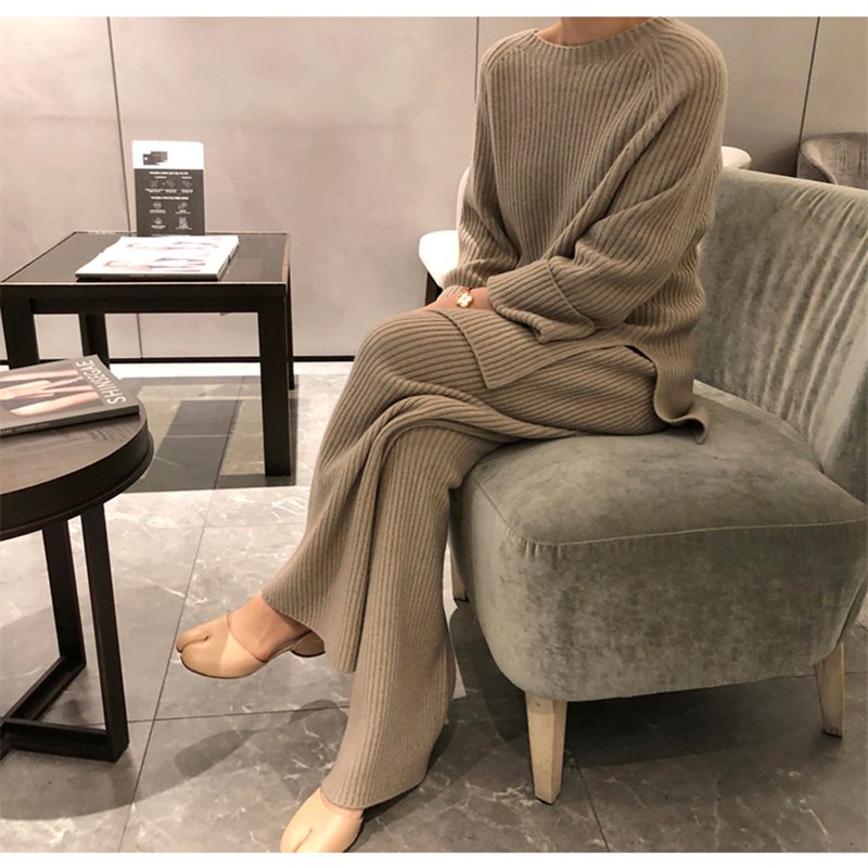 REALEFT 2021 Autumn Winter 2 Pieces Women Sets Knitted Tracksuit O-Neck Split Sweater and Wide Leg Jogging Pants Pullover Suits 3 REALEFT 2021 Autumn Winter 2 Pieces Women Sets Knitted Tracksuit O-Neck Split Sweater and Wide Leg Jogging Pants Pullover Suits 3
