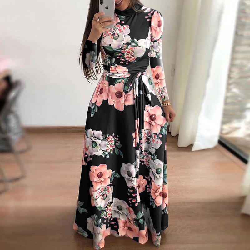 Plus Size Autumn And Winter Women's New Style 2021 Dress Print Street Long-sleeved High-neck Tie Long Casual 4 Plus Size Autumn And Winter Women's New Style 2021 Dress Print Street Long-sleeved High-neck Tie Long Casual 4